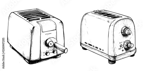 Illustration of two classic toasters showcasing different designs and features in a monochrome style