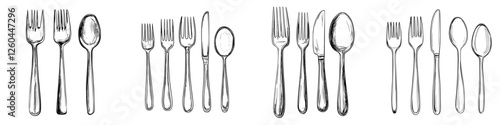 Variety of kitchen utensils displayed in neat rows showcasing forks, spoons, and knives for dining preparation