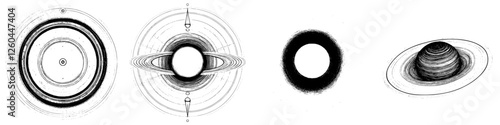 Vintage illustrations of planetary rings and celestial bodies showcasing different artistry styles