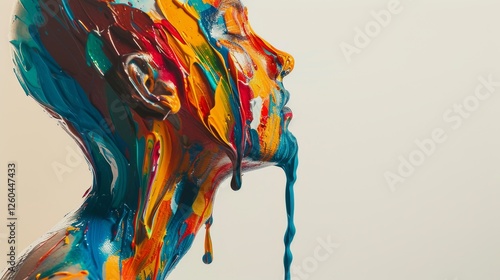 Obraz na płótnie A profile view of a human face drenched in bold, colorful paint strokes. The abstract design and vivid colors create a striking and artistic visual. AI generated. w salonie