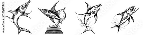 Intricate illustrations of jumping fish showcasing different artistic styles in a creative collection