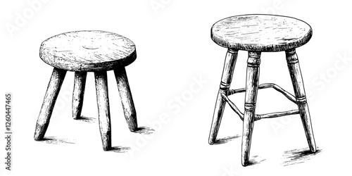 Detailed sketches of two wooden stools featuring different designs and detailing, created with clarity and precision in a monochrome style