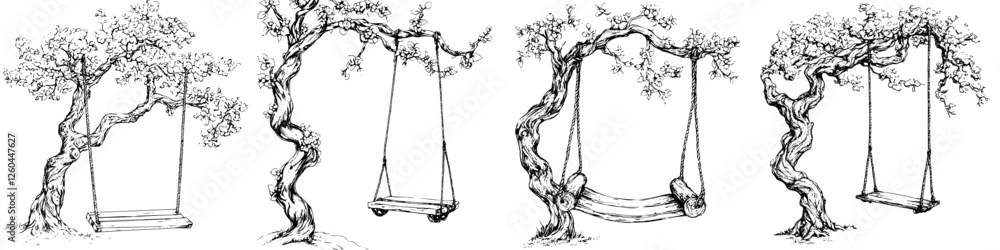 Swing sets hanging from twisted trees in a serene natural setting Swing sets hanging from twisted trees in a serene natural setting