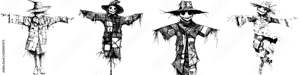 Unique design of four different scarecrows standing in a row showcasing Halloween spirit with rustic attire and eerie charm