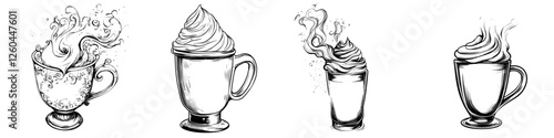 Enjoying various types of creamy beverages with intricate designs in a cozy cafe setting
