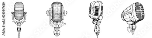 Different styles of vintage microphones depicting a journey through audio history and design across various eras