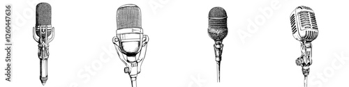 Variety of vintage microphones displayed in artistic arrangement showcasing different designs and styles