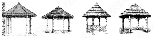 Different styles of bamboo gazebos showcased in a black and white artistic illustration