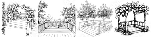Beautiful wooden verandas surrounded by lush trees in a tranquil outdoor setting during daylight