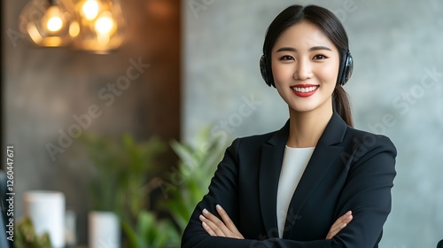 Asian Female customer care service smiling and working