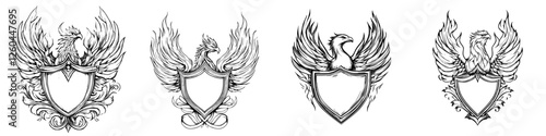 Illustrations of four distinct phoenix emblems featuring winged elements and shield designs in a classic style