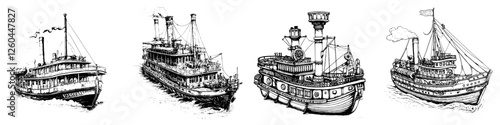 Different types of vintage steamships illustrated in a black and white style cruising along the waterway