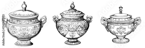 Elegant decorative jars with intricate designs showcasing artistry and craftsmanship in a vintage setting