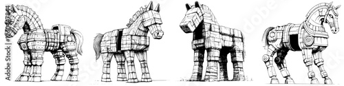 Four unique wooden horse sculptures depicting different artistic styles and designs