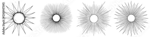 Intricate sunburst designs showcasing detailed line work and varying radial patterns in a black and white style