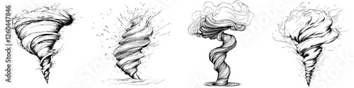 Unique illustrations of different tornado forms showcasing swirling movements and cloud formations in a variety of styles