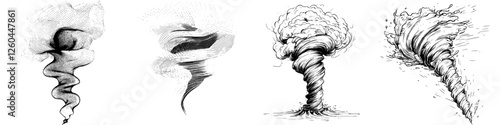 Swirling tornado and cloud formations illustrated in a hand-drawn style capture natural forces in dynamic motion