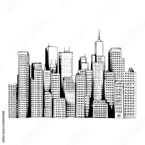 Urban skyline illustration showcasing various skyscrapers in a busy city landscape