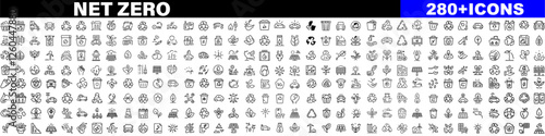 Net zero line icons collection. Sorting, recyclable, electric car, organic, solar energy icons. UI icon set. Thin outline icons pack. Vector illustration with white background