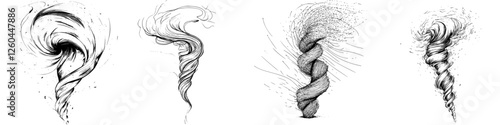 Abstract swirls and vortex shapes in black and white depicting motion and energy dynamics