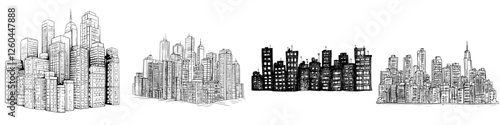 Detailed line art showcasing various city skyline designs at dawn and dusk for urban illustration enthusiasts