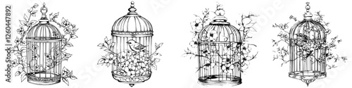 Detailed illustration of ornate birdcages adorned with flowers and vines in a vintage style