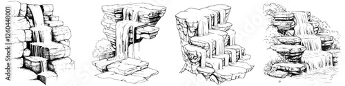 Detailed sketches of cascading waterfalls captured from various angles in a serene natural setting