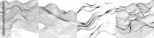 Abstract black and white line art depicting flowing waves and dynamic shapes in a minimalist design
