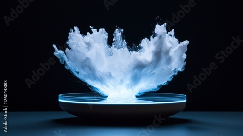 Digital art piece that appears to be a splash of water on a black background. the splash is in the center of the image, with a circular base that is lit up with a blue light.