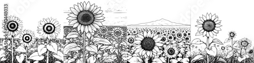 Sunflower field under cloudy sky with a mountain backdrop during early morning light