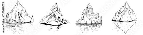 Different views of icebergs floating in the ocean showcasing various shapes and reflections under natural light