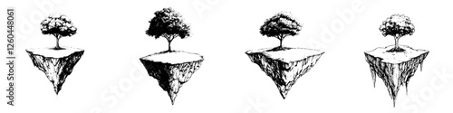 Floating trees on isolated land masses in a surreal illustration depicting nature's resilience