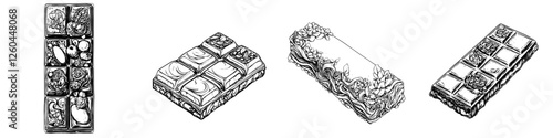 Delicate handcrafted chocolate bars with intricate designs and various toppings displayed on a white background
