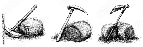 Artistic representation of vintage farm tools resting on hay bales in a rustic agricultural setting
