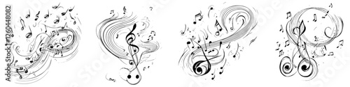 Music notes and swirling designs embody rhythm and creativity in a dynamic artistic display