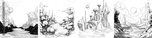 Landscapes featuring imaginative terrains with unique rock formations and mystical elements in a surreal style
