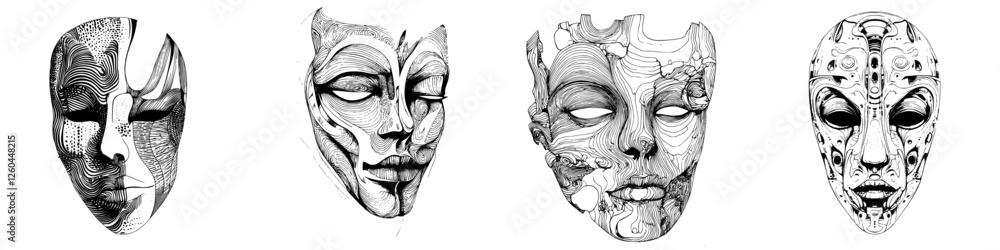 Naklejka premium Artistic representations of abstract masks showcasing diverse patterns and designs