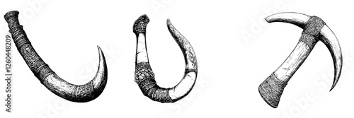 Decorative animal horn artifacts displayed with intricate designs and patterns