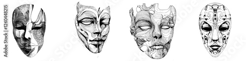 Artistic representations of abstract masks showcasing diverse patterns and designs