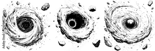 Swirling cosmic formations depict the beauty and chaos of distant galaxies in a stunning black and white illustration