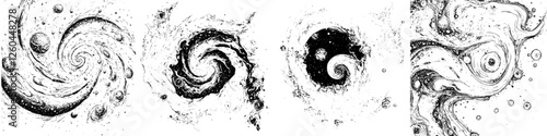 Creative abstract representations of swirling galaxies and cosmic phenomena in black and white styles