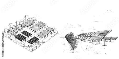 Solar power installation featuring solar panels and wind turbines in a sustainable energy site