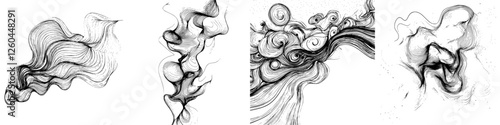Swirling black and white abstract patterns with flowing lines and shapes created through artistic expression