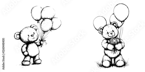 Cute teddy bears holding balloons and flowers in a whimsical sketch