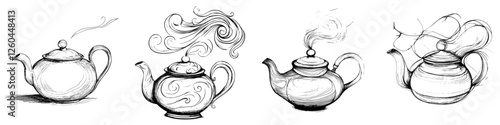 Various artistic sketches of teapots showcasing steam and swirling patterns in an intricate yet minimalistic style