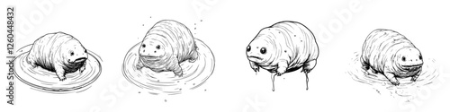 Unique illustrations of a water bear exploring different aquatic environments in a playful manner