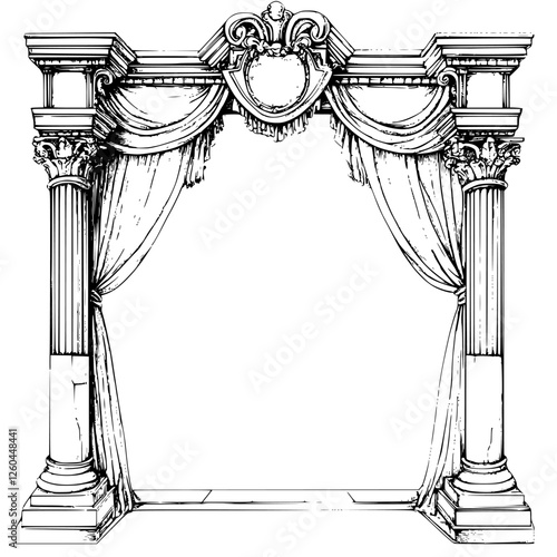 Classic architectural archway with draped curtains and ornamental design in vintage style