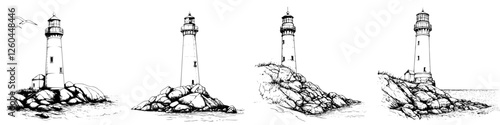 Detailed illustrations of lighthouses on rocky coastlines at different times of day showcasing diverse maritime settings