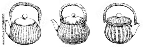 Intricate handwoven teapots displayed in a charming artisan shop on a bright afternoon