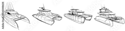 Various designs of catamarans showcased in a creative sketch format along with their unique structures and features